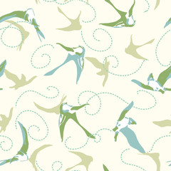 Yellow vector repeat pattern with graphic green and white swift. Bird pattern. Surface pattern design. Perfect for textile, gift wrapping and print projects.