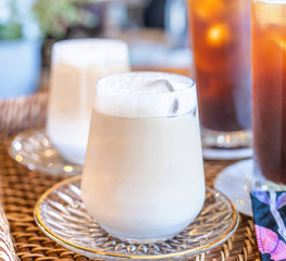 Coffee time with friends, cups of drink in coffeehouse, party concept, happy hangout together in cafe, lifestyle, copy space, top view, close up