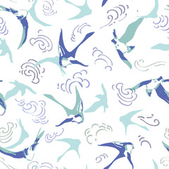 White vector repeat pattern with graphic blue and white swift and clouds. Bird pattern. surface pattern design. Perfect for textile, gift wrapping and print projects.