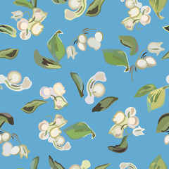 Blue vector repeat pattern with wild flower. Lily of the yalley blossom and small leaf. Surface pattern design. Perfect for events, weddings and mothers day.