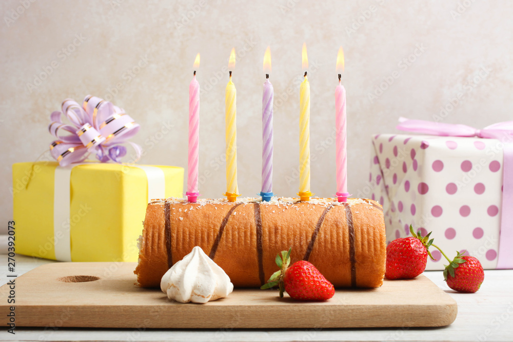 Wall mural sweet roll with strawberries and festive candles