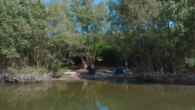 Camping, couple on side of the lake, motorcycle, adventure and travel Aerial view on the Dniester Canyon, River, Bakota Bay