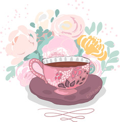 Coffe time cute art. Vintage elegant boho shic cup with flowers.