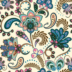 Bezszwowy wzór z fantazja kwiatami, naturalna tapeta, kwiecista dekoracja fryzuje ilustrację. Ręcznie rysowane elementy wydruku Paisley. Wystrój domu. - 270392684