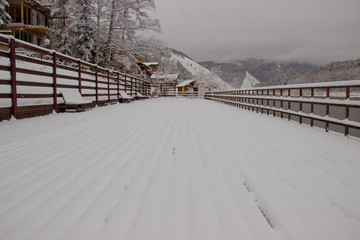 Suddenly there was a big snowfall. Snow covered the embankment of the river.