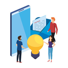 people using smartphone and bulb with envelope