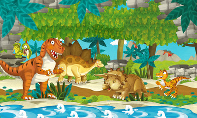 Cartoon happy dinosaur - tyrannosaurus triceratops velociraptor diplodocus sabre tooth turtle and other underwater dinosaurs - illustration for the children