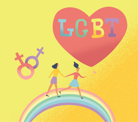Flat vector illustration of Lgbt couple run on rainbow and big heart on background. Happy valentines day for bisexual community.  Concept of freedom in love. lesbian family.