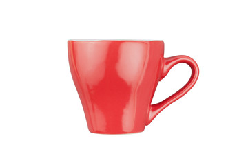 Single red ceramic cup for drinks or other liquid products isolated on white background