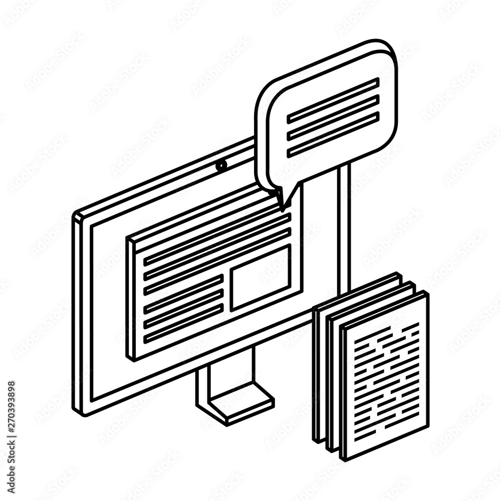 Poster computer with paper document files and speech bubble