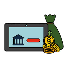 tablet with bank building and money icons