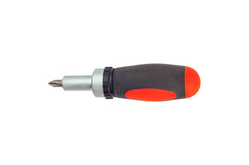 One screwdriver with rubber handle black, red color and metal cross-shaped tip isolated on white...