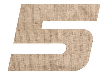 Number 5 with burlap texture on white background