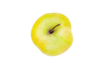 One whole fresh raw apple of green color with branch isolated on white background