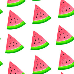 Seamless pattern with pieces of juicy colorful watermelon on a white background. Fabric design. Hand-drawn watercolor illustration