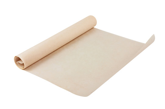 One new unfolded roll of clean baking paper brown color isolated on white background