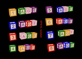 Age line,  numbers of ages. Illustration for books or posters. Numbers and text on blocks or child cubes. 