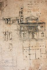 The blueprint of the house in the vintage book Manuscripts of Leonardo da Vinci, Codex on the Flight of Birds by T. Sabachnikoff, Paris, 1893