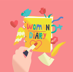 Woman hand draws heart with lipstick on diary. Concept of female blog. Whritng emotion and thoughts on paper.  Personal fantasy notebook. Woman diary on pink background.