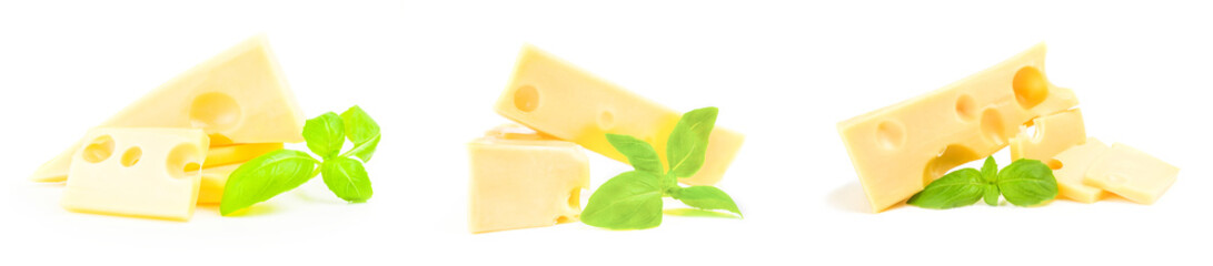 Collage of cheese close-up isolated on white background
