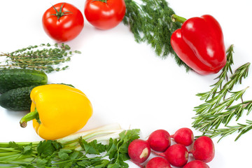 Fototapeta na wymiar Fresh colorful organic vegetables captured from above (top view, flat lay). White background. Layout with free (copy) space. Healthy food conception. Ingredients for salad