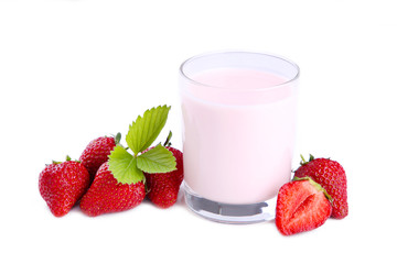 Fresh strawberry yogurt in a glass isolated on a white background