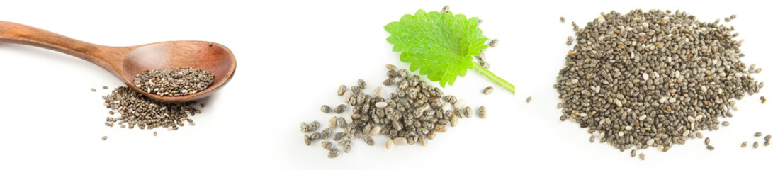 Collage of pile of chia seeds on a white background clipping path