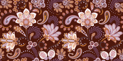 Bezszwowy wzór z fantazja kwiatami, naturalna tapeta, kwiecista dekoracja fryzuje ilustrację. Ręcznie rysowane elementy wydruku Paisley. Wystrój domu. - 270397492