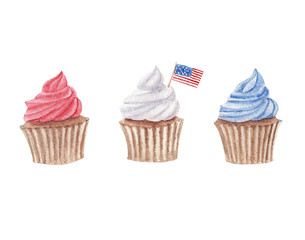 hand drawn watercolor set of cupcakes isolated on white background. 3 cupcakes blue, red and white cream color. one with american flag