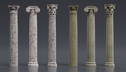 Realistic 3d Render of Columns (Doric, Ionic and Corinthian)
