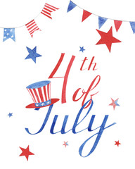 hand drawn watercolor greeting card with stars and hat to independence day of Americaon white background. hand written lettering fourth of july