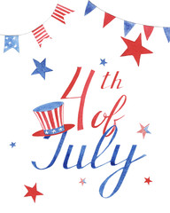 Obraz premium hand drawn watercolor greeting card with stars and hat to independence day of Americaon white background. hand written lettering fourth of july