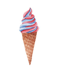 hand drawn watercolor ice cream isolated on white background. red and blue color, symbol of america. element for greeting card, banner, menu
