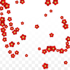 Vector Realistic Red Flowers Falling on Transparent Background.  Spring Romantic Flowers Illustration. Flying Asian Rose Spa Design. Blossom Confetti. Design Elements for Wedding Decoration.