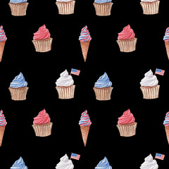 hand drawn watercolor seamless pattern with red, blue and white cupcakes and ice cream on black background. print for wrapping paper to independence day of America