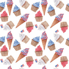hand drawn watercolor seamless pattern with red, blue and white cupcakes and ice cream on white background. print for wrapping paper to independence day of America