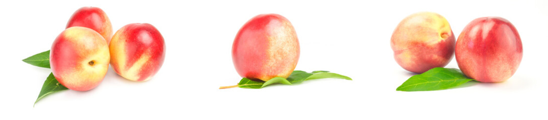 Fototapeta na wymiar Set of fresh peaches fruits isolated on a white background cutout