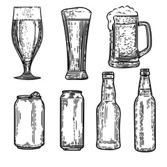 Vector hand drawn set of cans, bottles and glasses of beers in the engraving style on white background.