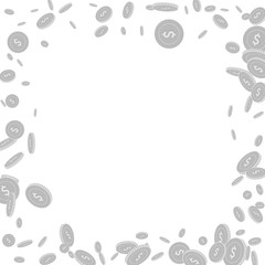 American dollar coins falling. Scattered black and