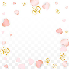 Vector Percentage Sign and Hearts Confetti on Transparent Background.  Business, Economics, Finance Print. Discount Illustration. Promotion poster. Black Friday Banner. Special offer.