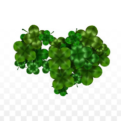 Vector Clover Leaf  Isolated on Transparent Background with Space for Text. St. Patrick's Day Illustration. Ireland's Lucky Shamrock Poster. Invintation for Concert in Pub. Top View. Success Symbols.