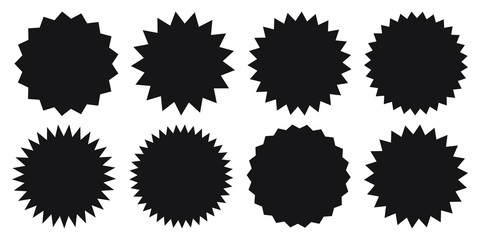 Set of vector starburst, sunburst badges. Black icons on white background. Simple flat style vintage labels, stickers. 