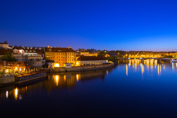 View from the Charles bridge in Prague at night, Czech Republic
