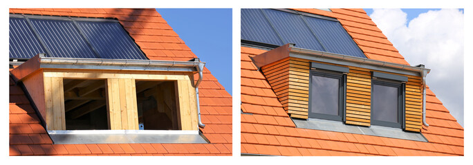 Collage: Dachgaube im Bau und nach Fertigstellung