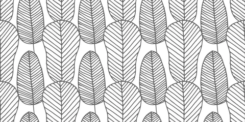 Tapeten Boho Stil Schönes nahtloses Vektormuster aus einfarbigen Federn und Blättern in weißen und grauen Farben. Sich wiederholende Textur im Boho-Stil. Hippie-Design für Oberflächen, Stoffe, Textilien, Papierverpackungen.