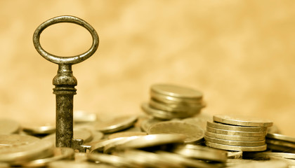 Financial planning, freedom concept - web banner of key and money coins