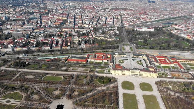 Flight in the afternoon over Schonbrunn Park in Vienna. View of the palace from above. Austria.