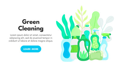 Vector background with eco friendly household cleaning supplies. Natural detergents. Landing page template. Products for house washing. Green home. Online store. Banner, mailing, advertising, label