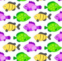 Vector seamless pattern with colorful abstract fish. Undersea world. Aquarium. Wrapping paper, package, wallpaper, poster, clothing and other textile in a pet store, fishing gear shop or aquapark