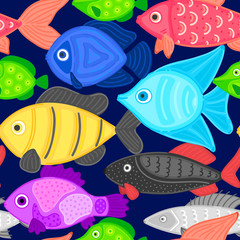 Fototapeta premium Vector seamless pattern with colorful abstract fish. Undersea world. Aquarium. Wrapping paper, package, wallpaper, poster, clothing and other textile in a pet store, fishing gear shop or aquapark